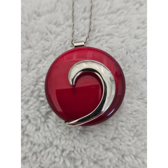 Vintage Red & Silver Abstract Pendant Necklace 16" Silver Tone Chain Retro - Picture 1 of 6